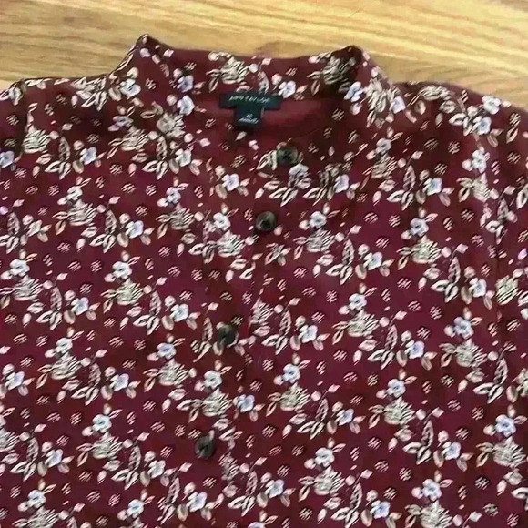 Ann Taylor dark red floral button down dress mandarin collar - Picture 2 of 5